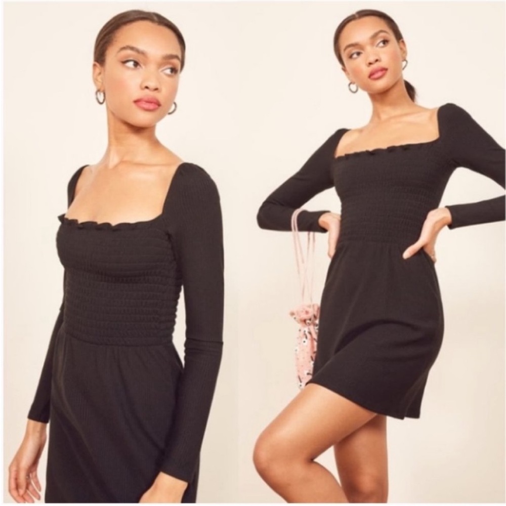 Reformation Jagger Black Square Neck Smocked Mini Dress size XS